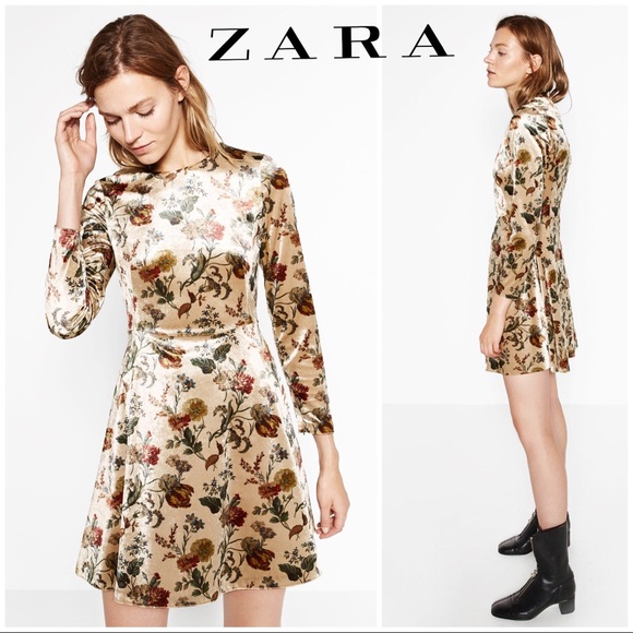 Zara Dresses & Skirts - Zara Floral Velvet Stretch Dress Tan /light Brown